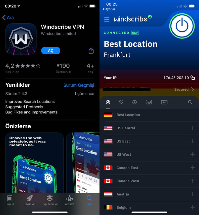 Windscribe-iOS-ekran